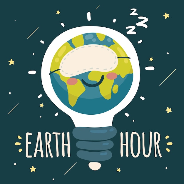 Нарисованная от руки иллюстрация часа земли с лампочкой и спящей планетой