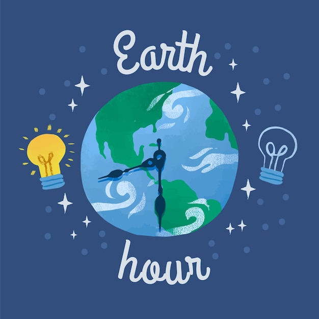 Hand-drawn earth hour illustration with planet and clock