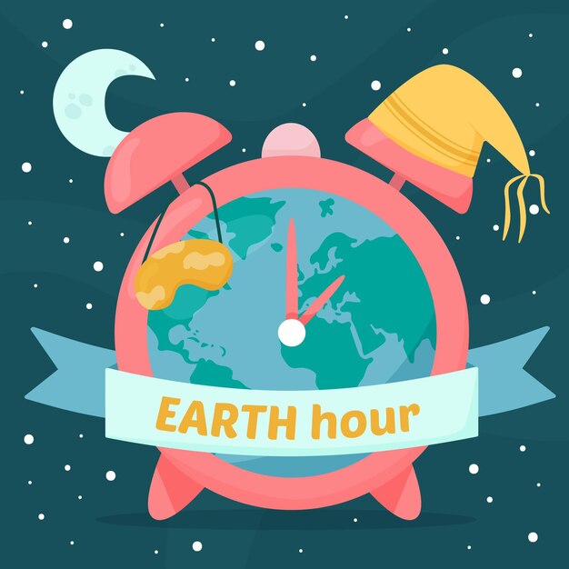 Нарисованная от руки иллюстрация часа земли с планетой и часами