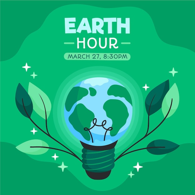 Hand-drawn earth hour illustration with planet and lightbulb