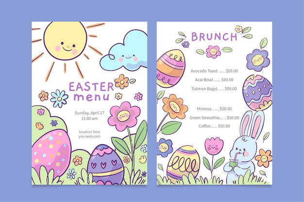 Modello di menu del brunch di pasqua disegnato a mano