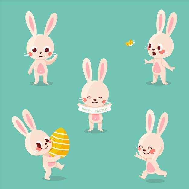 Бесплатное векторное изображение Коллекция рисованной пасхальных кроликов