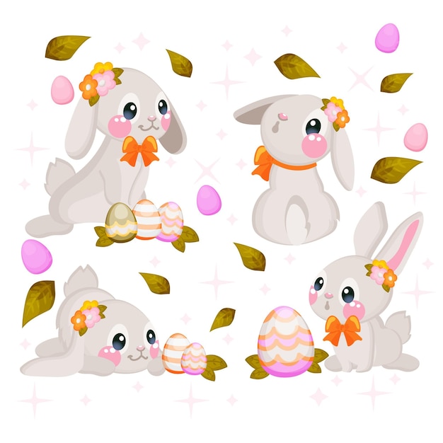 Бесплатное векторное изображение Коллекция рисованной пасхальных кроликов