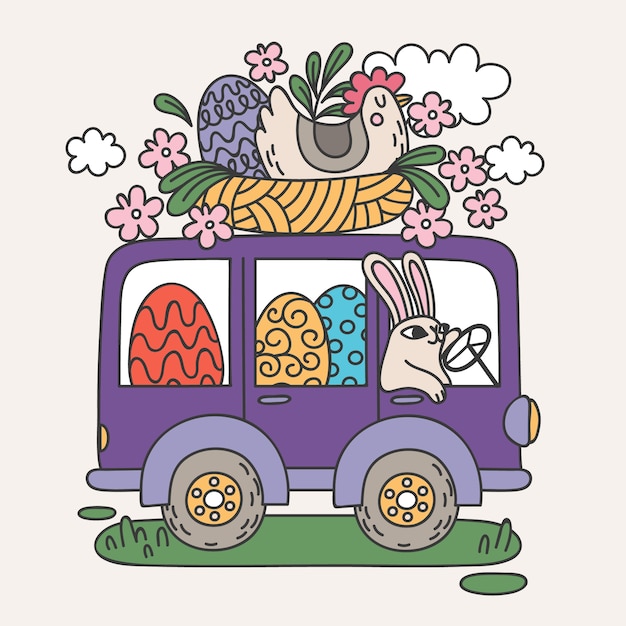 Hand drawn easter car illustration