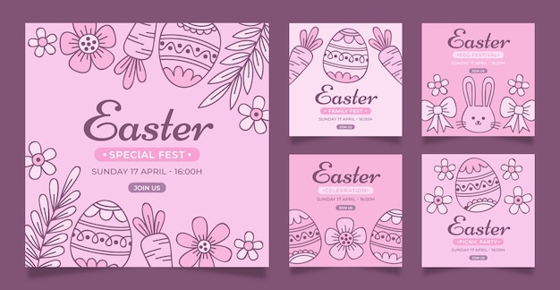 Hand drawn easter instagram posts collection