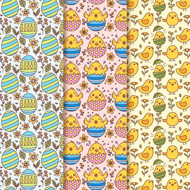 Hand drawn easter seamless pattern with eggs and chickens