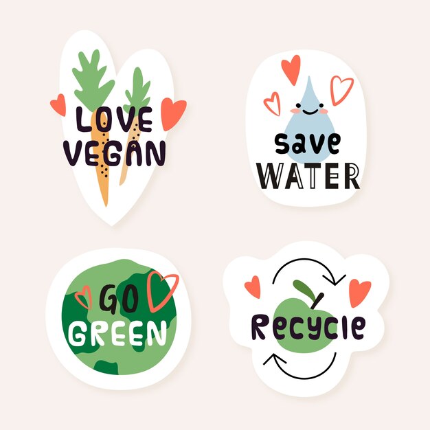 Hand drawn eco badges with recycling and veggies