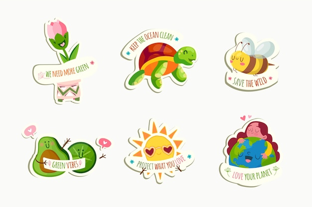 Hand drawn ecology badges with animals and earth