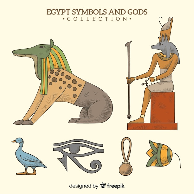 無料ベクター 手描きのエジプトのシンボルと神のコレクション
