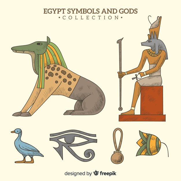 Hand drawn egyptian symbols and gods collection