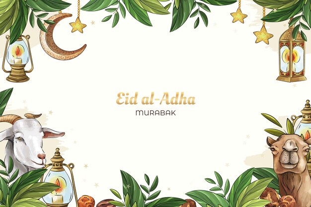 Hand drawn eid al-adha background with animals and leaves