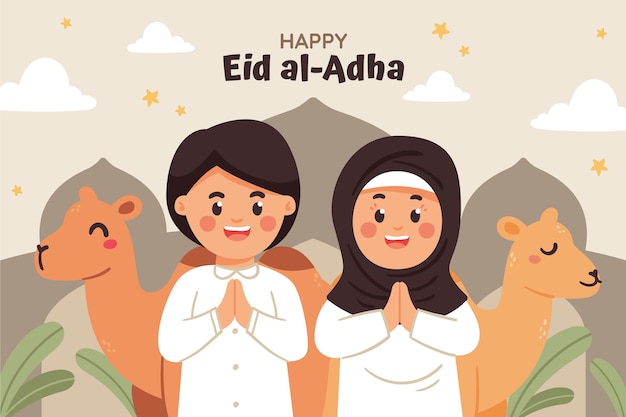 동물 배경으로 손으로 그린 eid al-adha 사람들