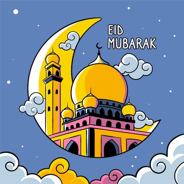 Hand drawn eid al-fitr eid mubarak illustration Free Vector