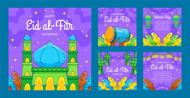 Free vector hand drawn eid al-fitr instagram posts collection