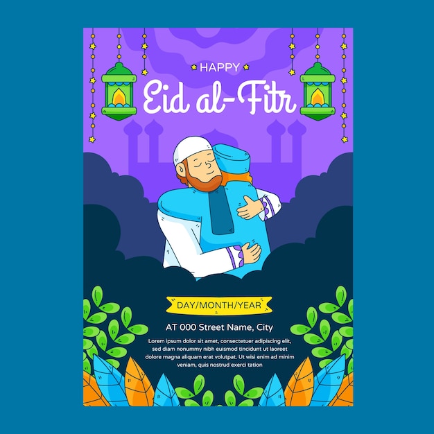 Vettore gratuito modello di poster eid al-fitr disegnato a mano