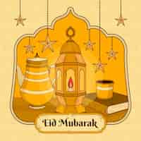 Free vector hand drawn eid mubarak with lantern and stars