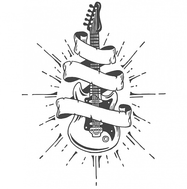 無料ベクター 手描きのリボンとテキストのエレクトリックギター。ヘビーメタルスタイル。