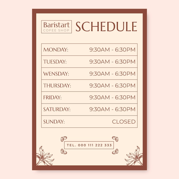 Free vector hand drawn elegant barista coffee shop schedule