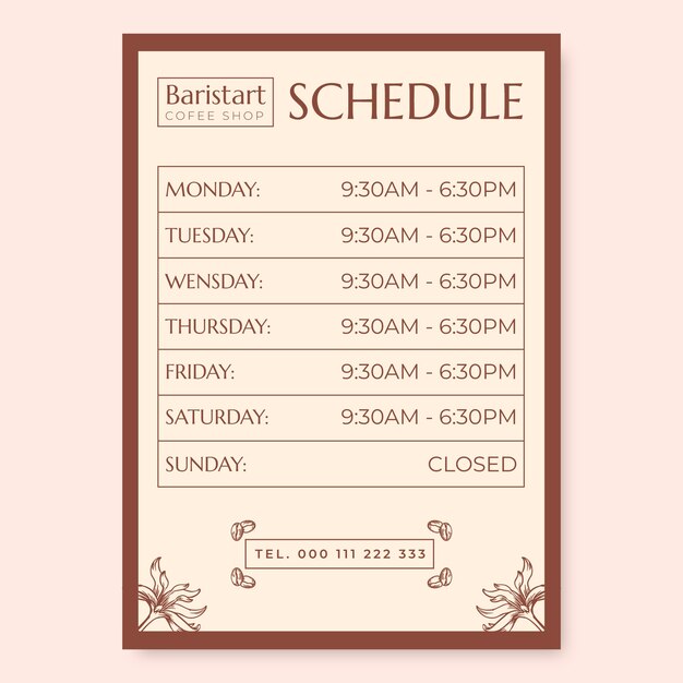 Hand drawn elegant barista coffee shop schedule