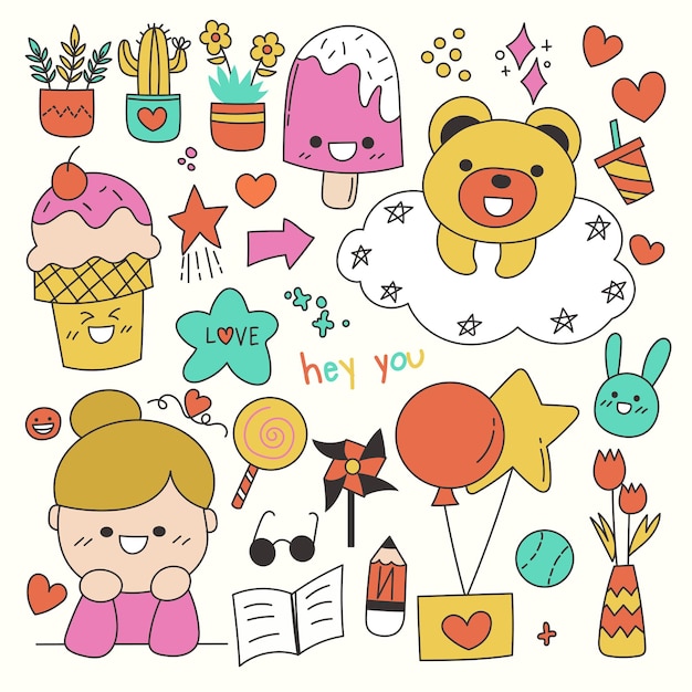 Free Vector hand drawn elements of character, animal and vector elements.