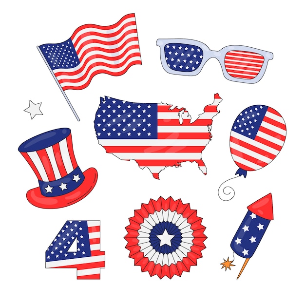 Hand drawn elements collection for american 4th of july celebration