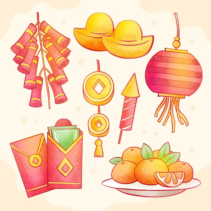 Free Vector hand drawn elements collection for chinese new year festival