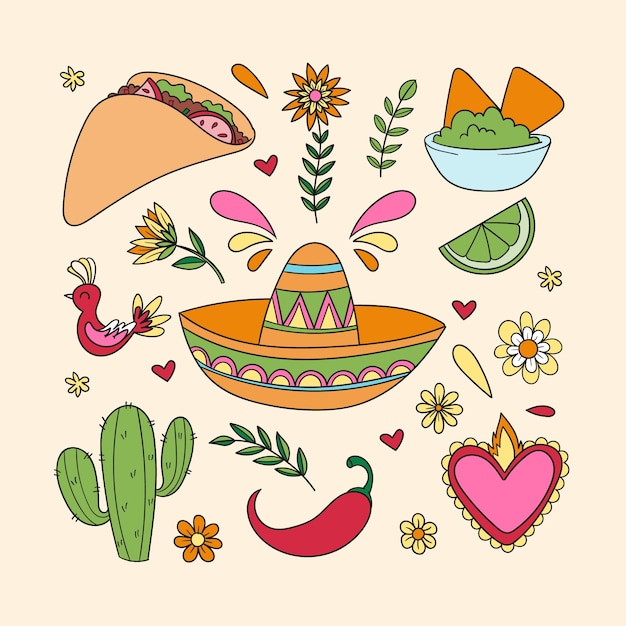 Free vector hand drawn elements collection for cinco de mayo celebration