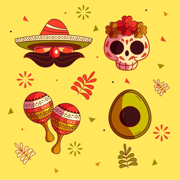 Коллекция рисованных элементов для празднования синко де майо