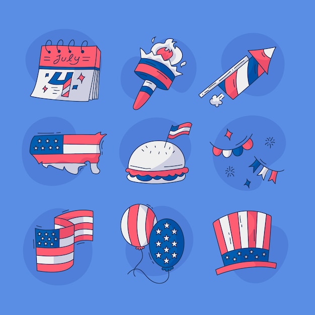 Бесплатное векторное изображение Коллекция рисованных элементов для празднования 4 июля в америке