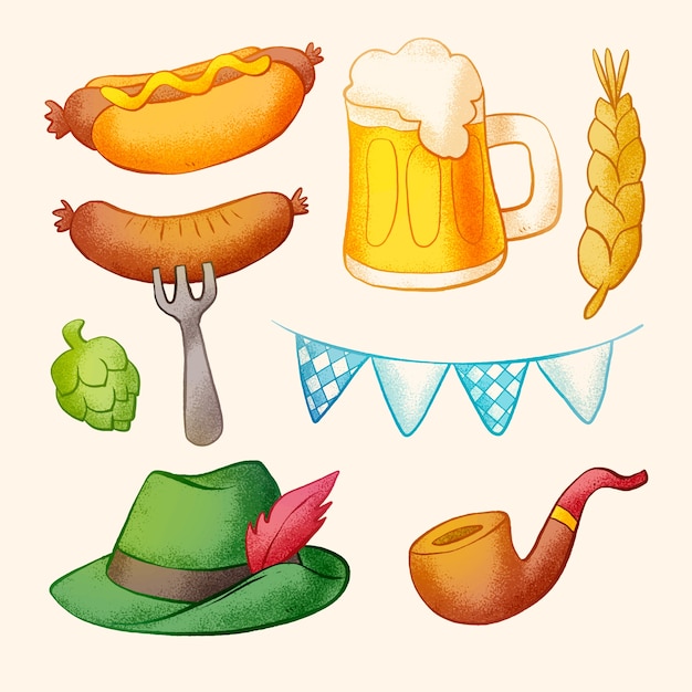 Vettore gratuito collezione di elementi disegnati a mano per la celebrazione del festival della birra oktoberfest