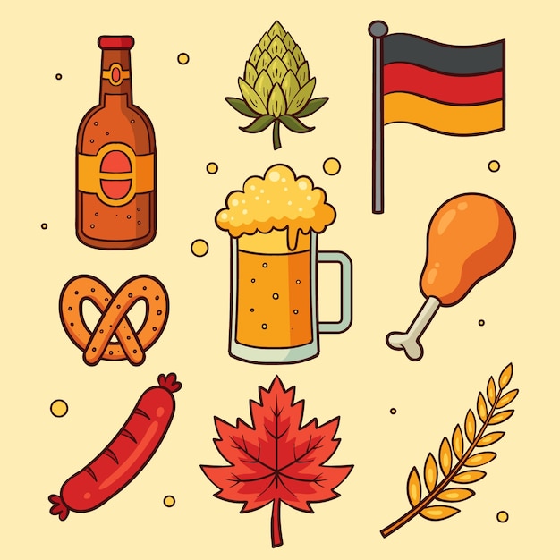 Vettore gratuito collezione di elementi disegnati a mano per la celebrazione del festival della birra oktoberfest
