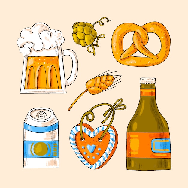 Vettore gratuito collezione di elementi disegnati a mano per la celebrazione del festival della birra oktoberfest