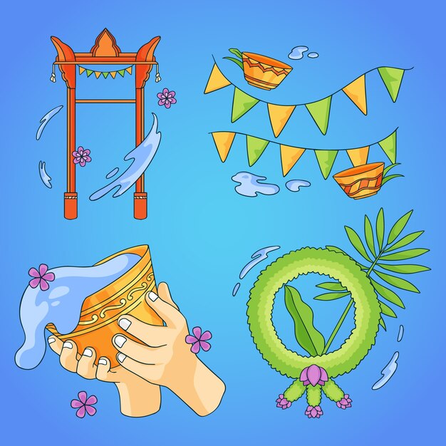 ソンクラーン水祭りの手描き要素コレクション