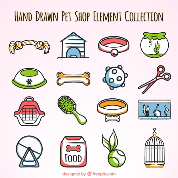 Vettore gratuito elementi disegnati a mano per un negozio di animali