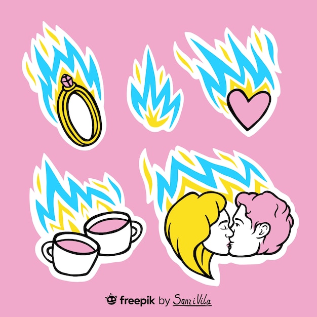 Free vector hand drawn elements with fire sticker set