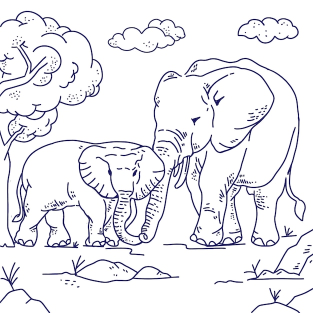 Нарисованная рукой иллюстрация контура слона