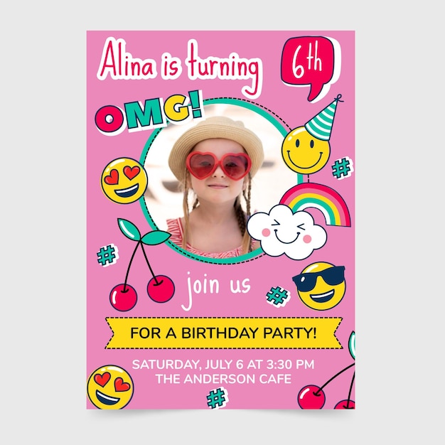 Free vector hand drawn emoji birthday invitation template with photo