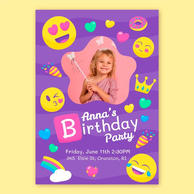 Hand drawn emoji birthday invitation template with photo