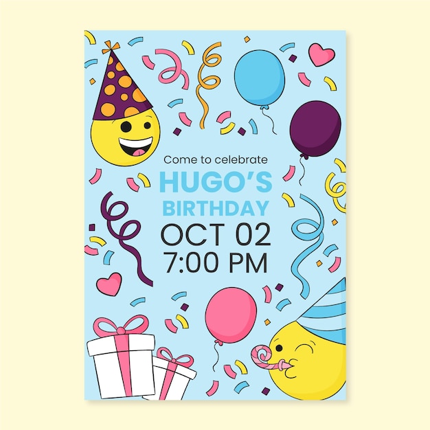 Free vector hand drawn emoji birthday invitation template