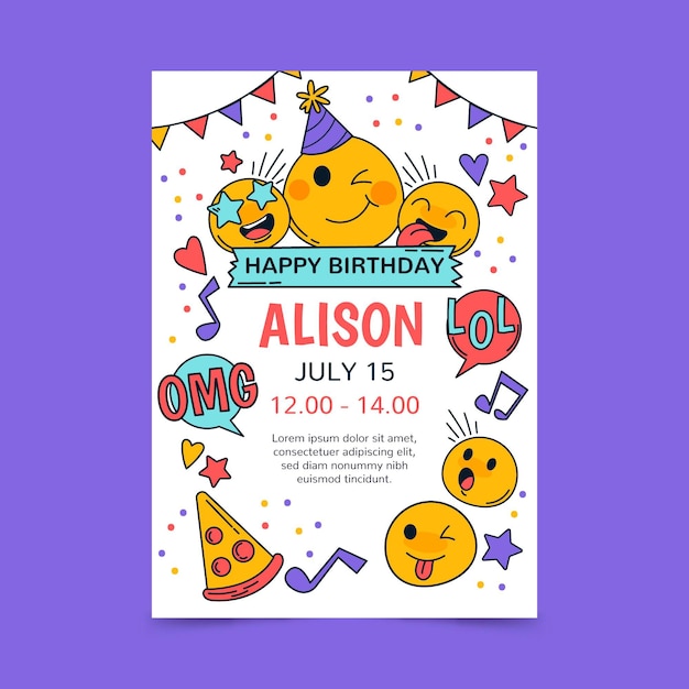 Hand drawn emoji birthday invitation template