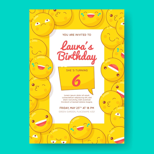 Vettore gratuito modello di invito di compleanno emoji disegnati a mano