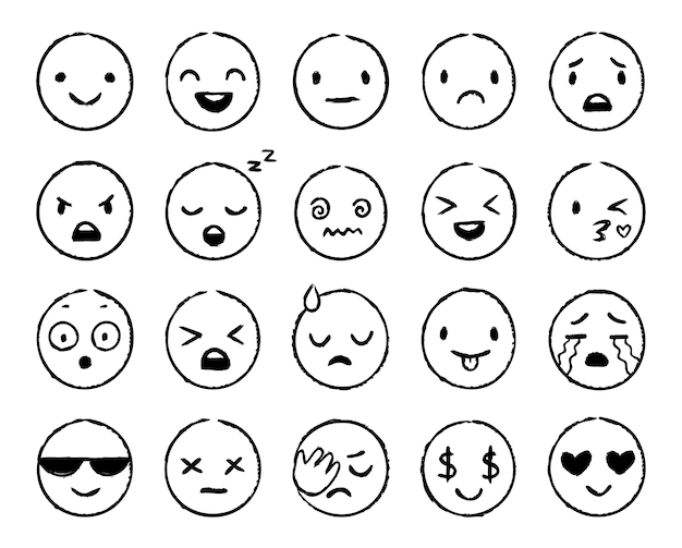 Emoji disegnati a mano. emoticon doodle, schizzo del viso sorriso e emoji pennello inchiostro grunge scarabocchi