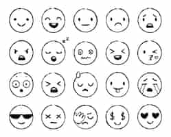 Free vector hand drawn emoji. doodle emoticons, smile face sketch and grunge ink brush emojis doodles