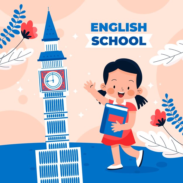 Hand drawn english school illustration with little girl