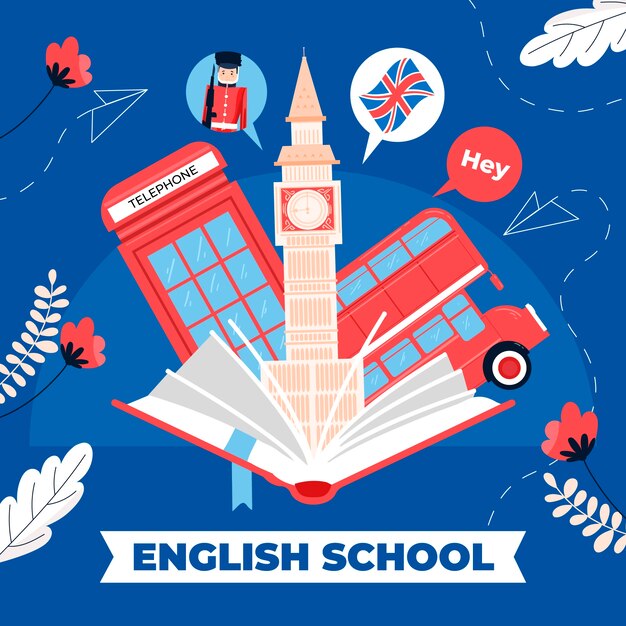 観光名所と手描き英語学校のイラスト