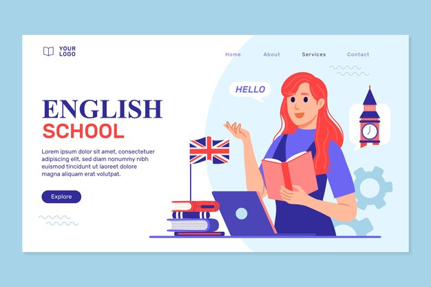 Hand drawn english school landing page  design