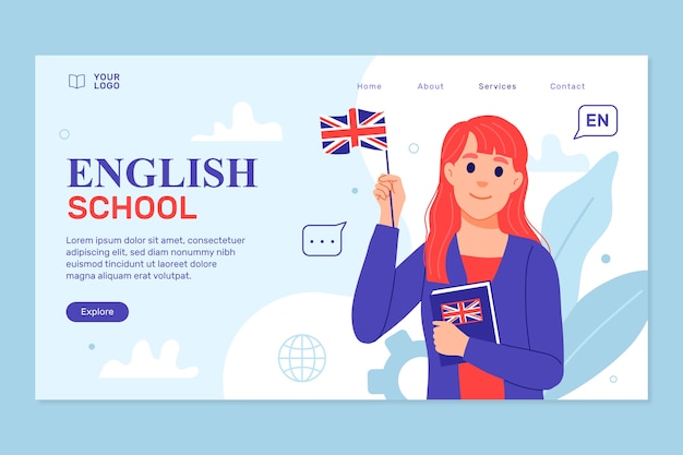 Бесплатное векторное изображение Ручной обращается дизайн целевой страницы английской школы
