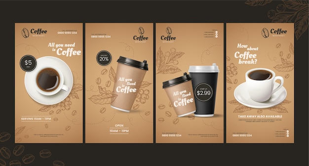 Vettore gratuito storie di instagram della caffetteria con incisione disegnata a mano