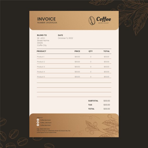 Hand drawn engraving coffee shop invoice