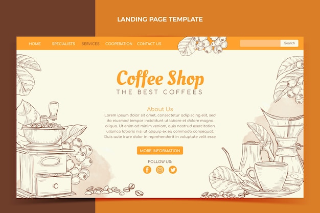 Free vector hand drawn engraving coffee shop landing page template